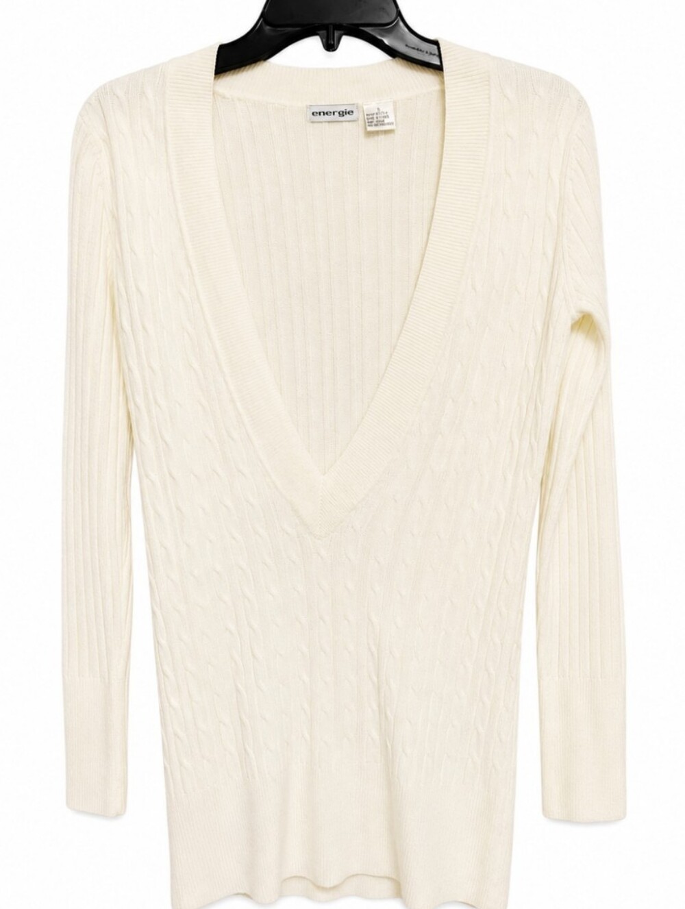 energie Women's Size Small Cream Deep V-Neck Cable Knit Sweater